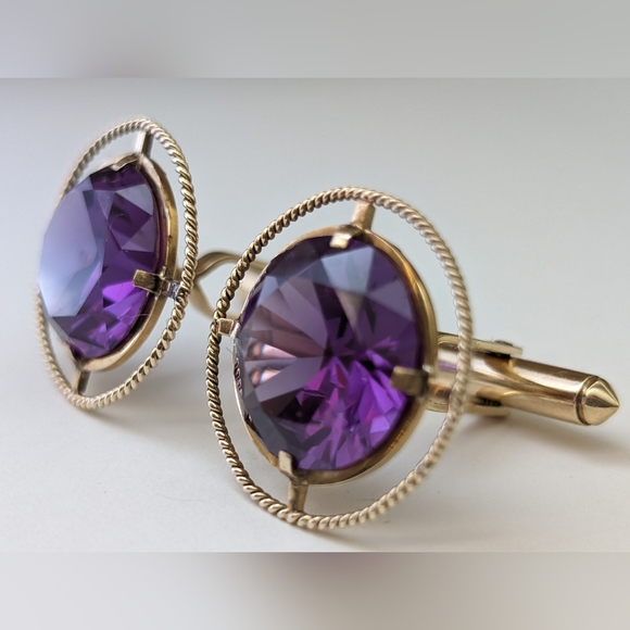 Art Deco 14k Yellow Gold 15mm Round Synthetic Alexandrite Rope Design Cufflinks - Picture 3 of 7